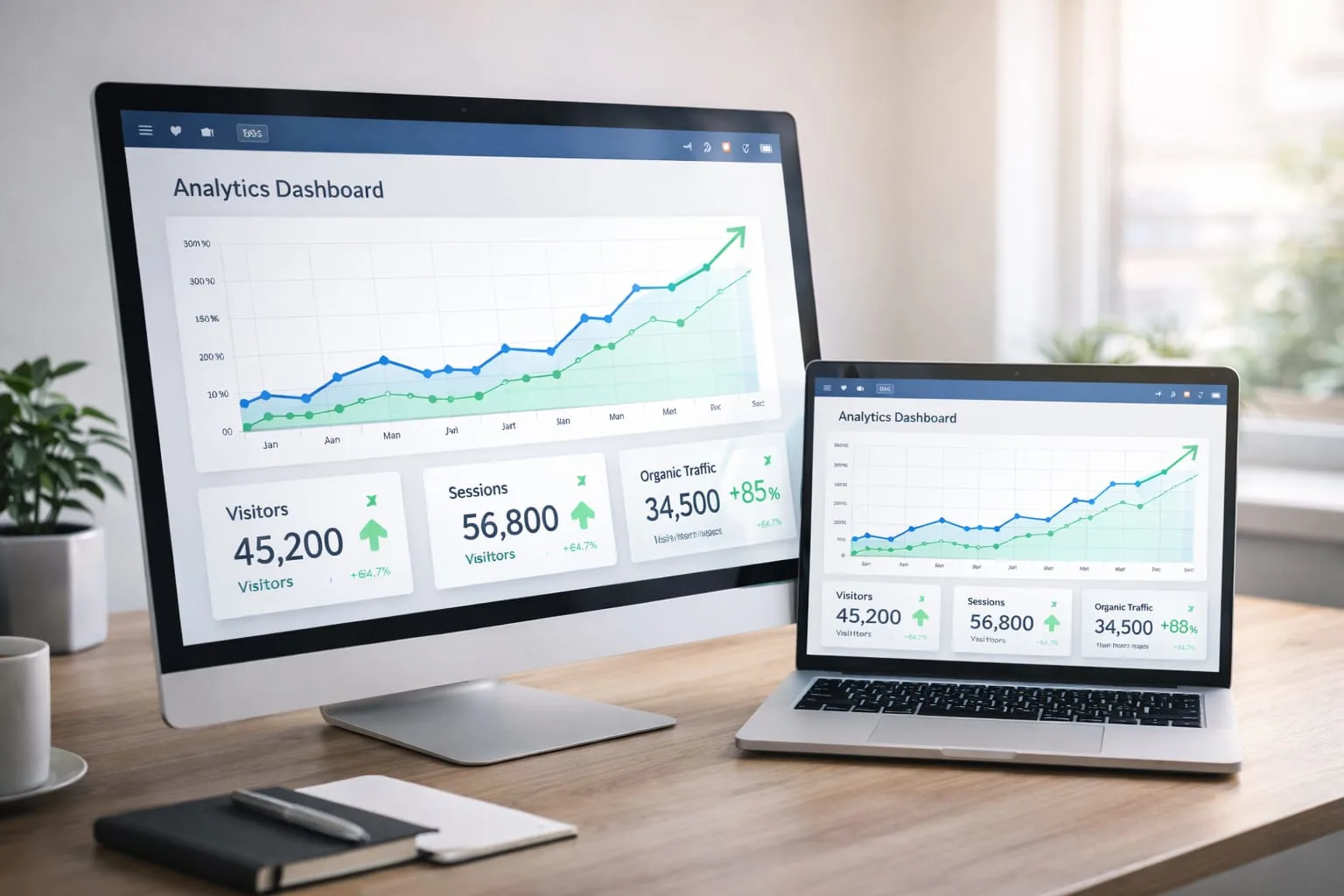 Analytics dashboard showing website traffic growth on desktop and laptop
